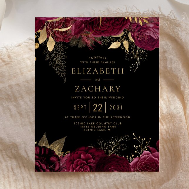 Faire-part de mariage sombre floral or Bourgogne p (Créateur téléchargé)