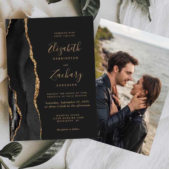 Faire-part de mariage sombre Photo d'agate d'or no (Créateur téléchargé)