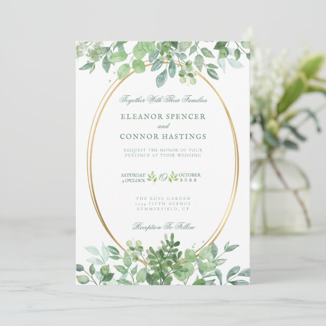 Faire-part de mariage sophistiqué à l'eucalyptus (Debout devant)