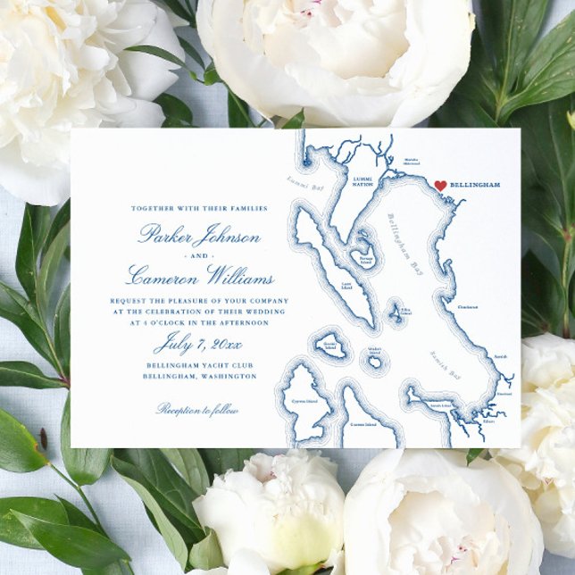 Faire-part de mariage Squalicum Boathouse Bellingh (Elegant Bellingham Washington  Map wedding invitation in navy blue from Coastal Map Designs)