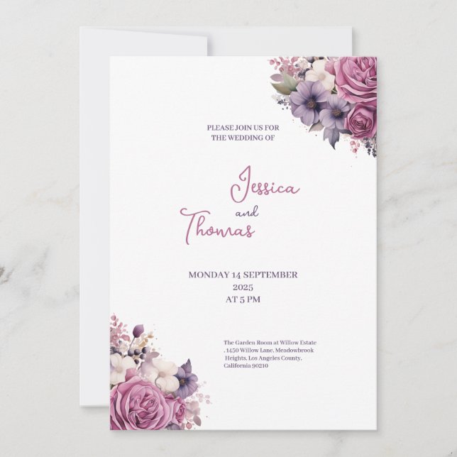 faire-part de mariage style rustique fleurs violet (Devant)