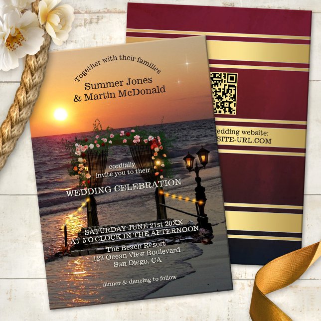 Faire-part de mariage Sunset Beach Rose Arbor (Beach or destination wedding invitation featuring a sunset at sea with a festive rose arbor)