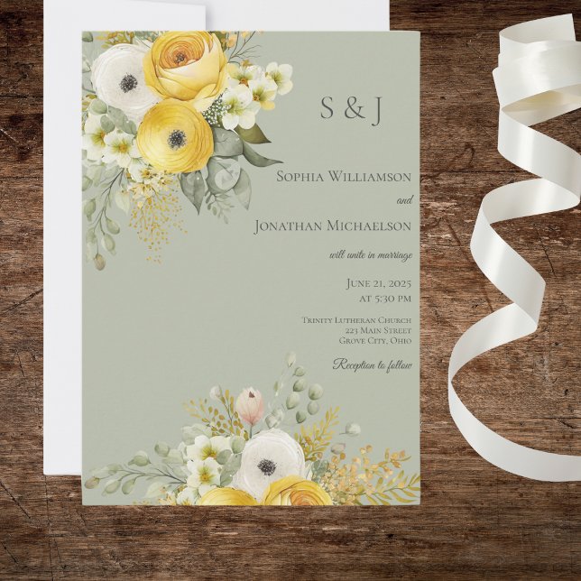 Faire-part de mariage sur fond de sauge avec fleur (Créateur téléchargé)