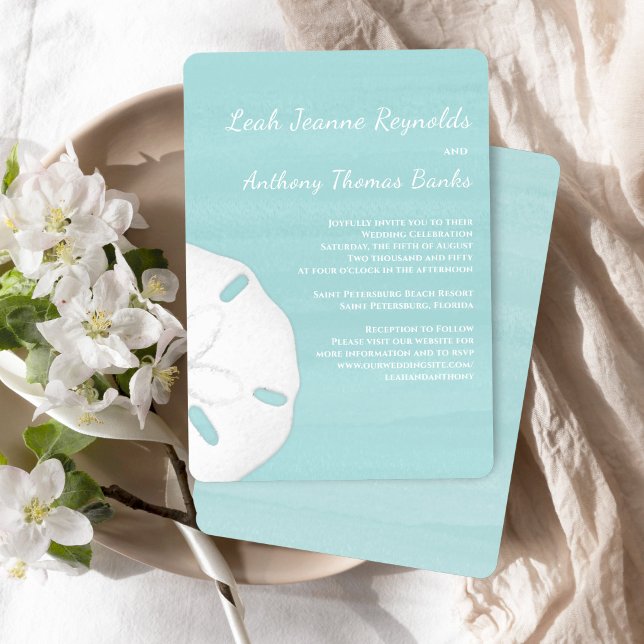 Faire-part de mariage sur la plage aquarelle dolla (Turquoise beach wedding invitation with watercolor ocean and elegant sand dollar detail)