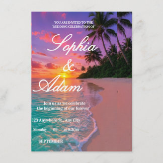 Faire-part de mariage sur la plage au coucher du s
