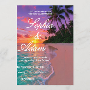 Faire-part de mariage sur la plage au coucher du s