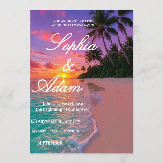 Faire-part de mariage sur la plage au coucher du s (Devant)