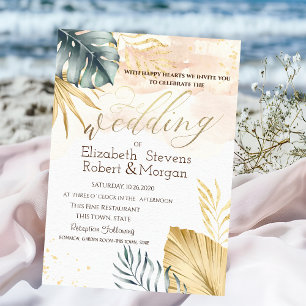Faire-part de mariage sur la plage aux feuilles de