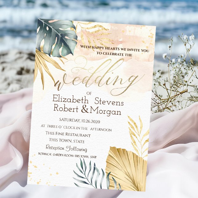 Faire-part de mariage sur la plage aux feuilles de (Créateur téléchargé)