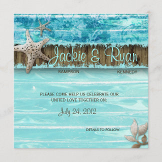 Faire-part de mariage sur la plage coquillage bleu