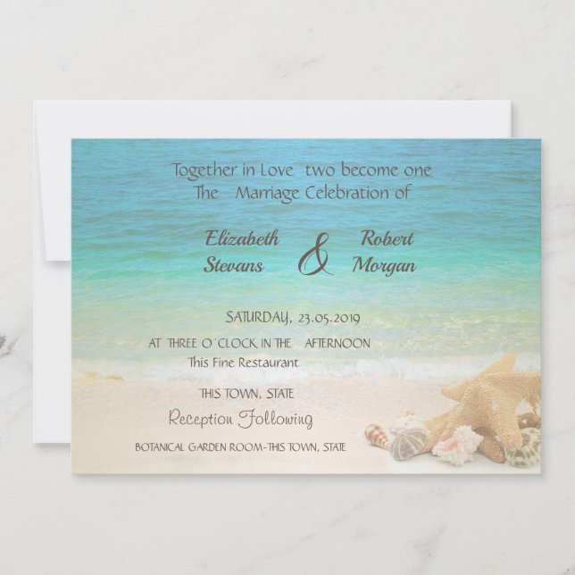 Faire-part de mariage sur la plage Coquillages (Devant)