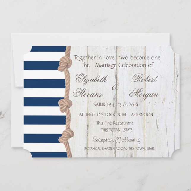 Faire-part de mariage sur la plage corde navy , ra (Devant)