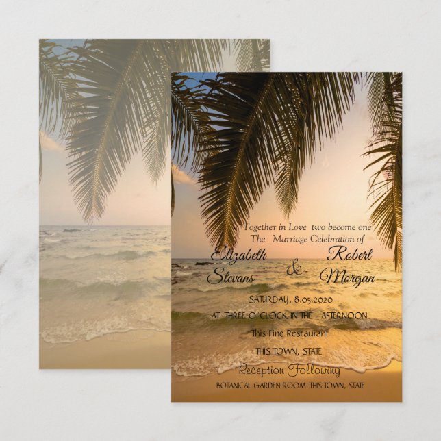 Faire-part de mariage sur la plage, coucher de sol (Devant / Derrière)
