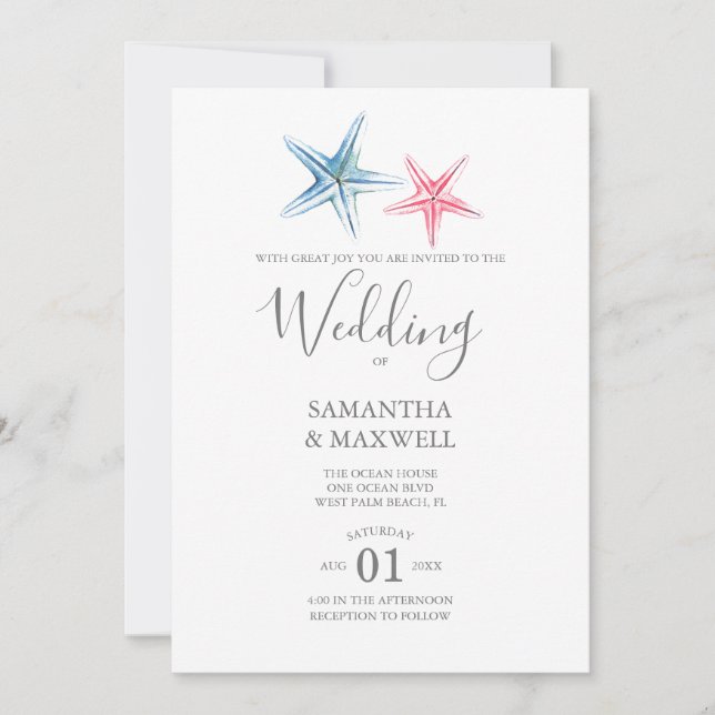Faire-part de mariage sur la plage - Étoile de mer (Devant)