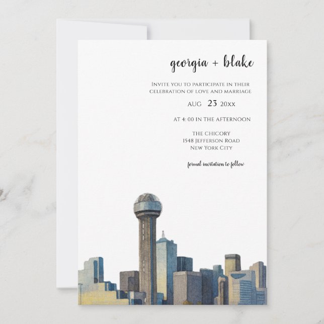 Faire-part de mariage sur la skyline de Dallas Tex (Devant)