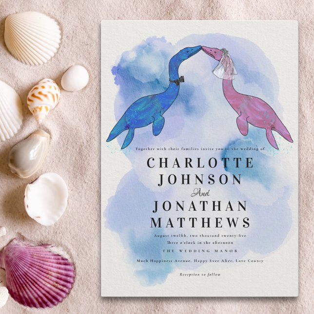 Faire-part de mariage sur le thème des dinosaures  (Dinosaur theme wedding watercolor blue purple sea invitation)