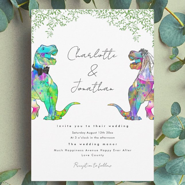Faire-part de mariage sur le thème des dinosaures  (Colorful dinosaur theme wedding invitation with fun T-Rex bride and groom and watercolor greenery)