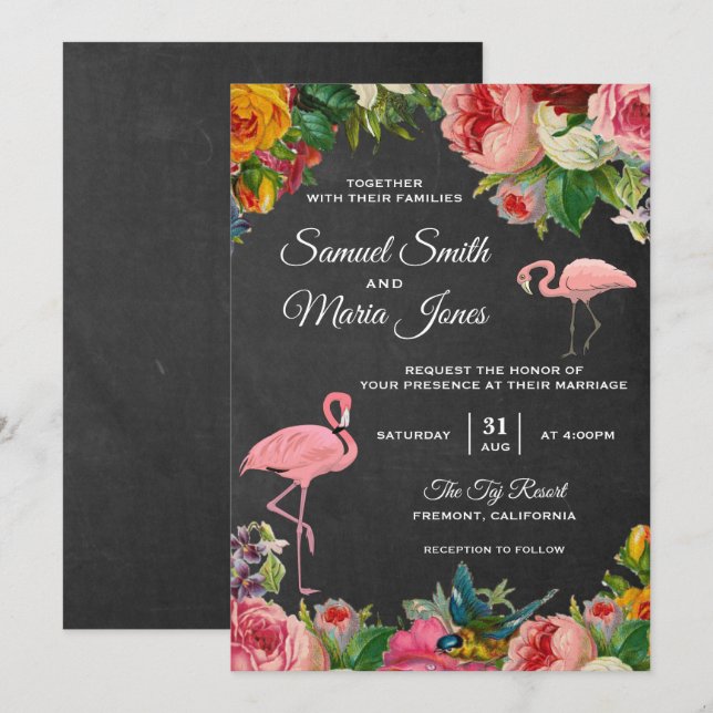 Faire-part de mariage tableau noir Flamant Floral (Devant / Derrière)