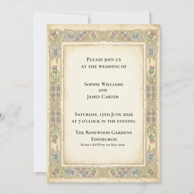 Faire-part de mariage Tartan Chardon Celtique Ivoi (Devant)