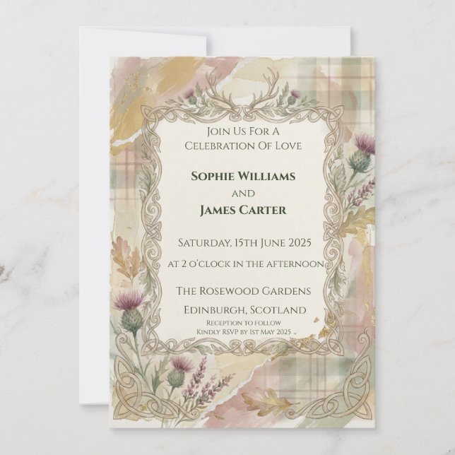 Faire-part de mariage Tartan Chardon d'Automne (Devant)