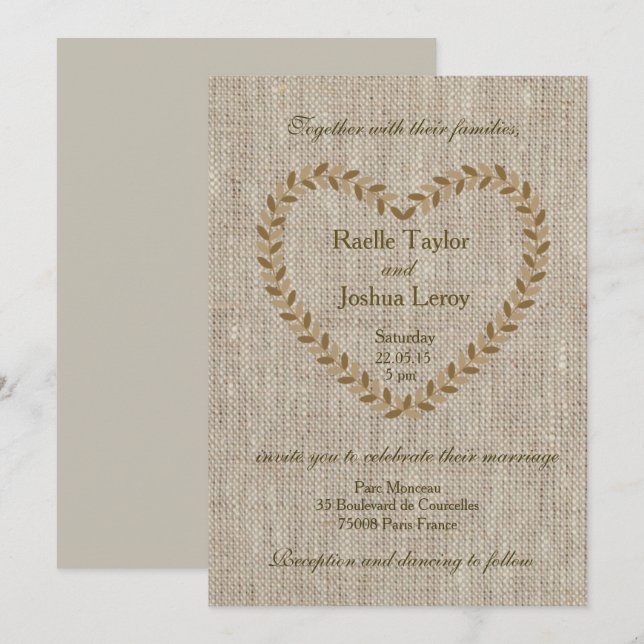 Faire-part de mariage taupe coeur zen rustique (Devant / Derrière)