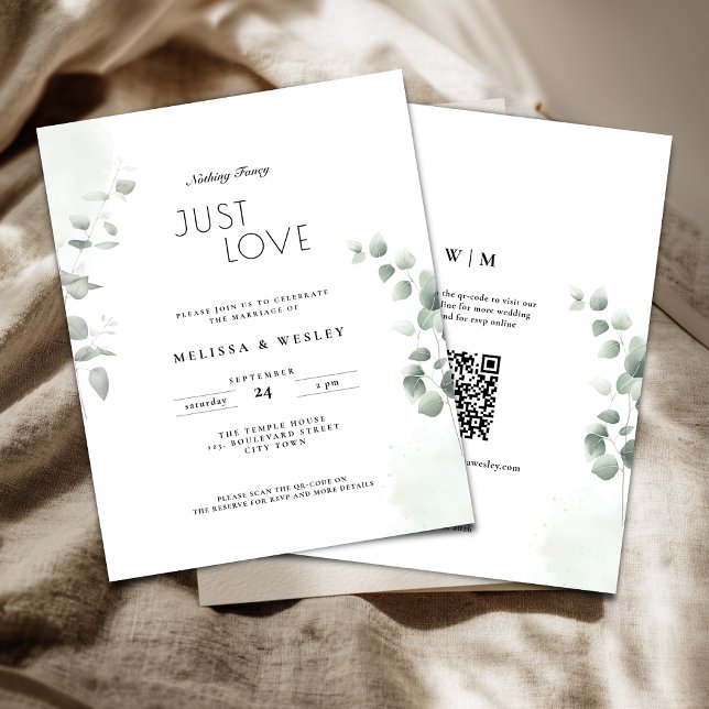Faire-part de mariage tendance avec code QR et ver (Nothing fancy just love wedding invitation with greenery eucalyptus details.)