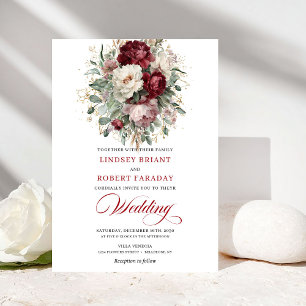 Faire-part de mariage tendance fleurs bordeaux et