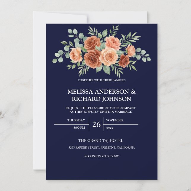 Faire-part de mariage Terracotta Rose Navy (Devant)