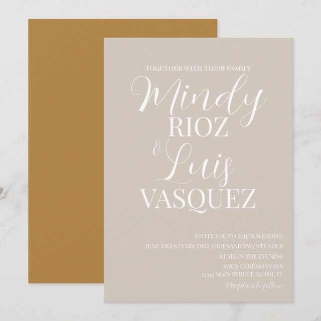 Faire-part de mariage Terre cuite beige écriture m (Devant / Derrière)