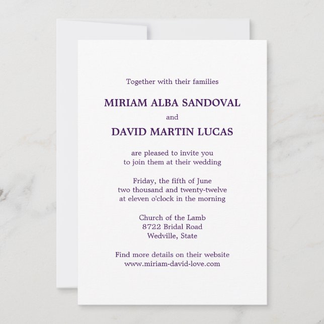 Faire-part de mariage texte violet formel minimali (Devant)