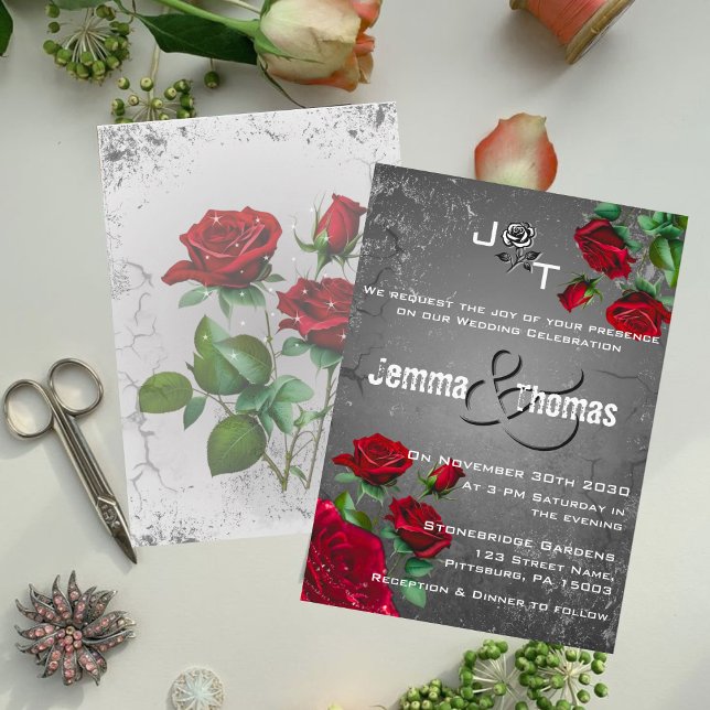 Faire-part de mariage texturé avec des roses rouge (Créateur téléchargé)
