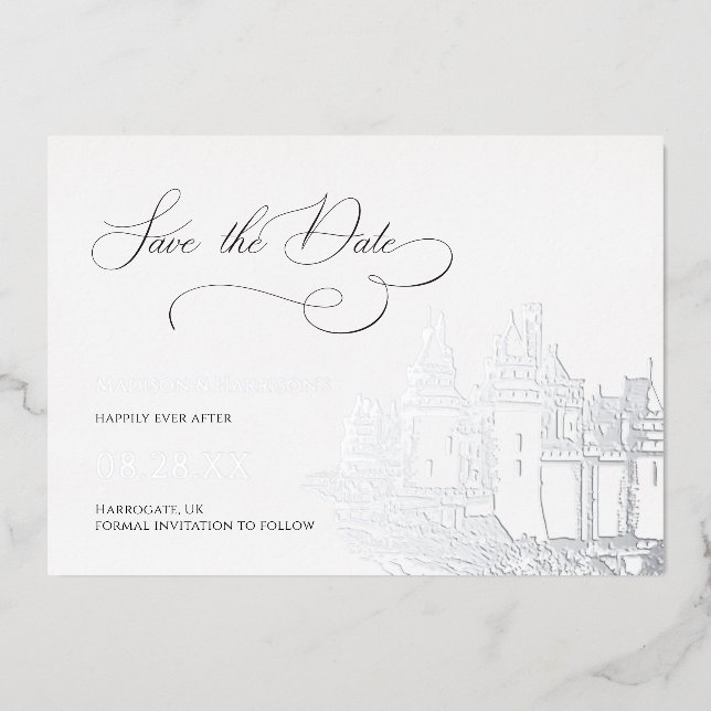 Faire-part de mariage thème château argent (Recto)