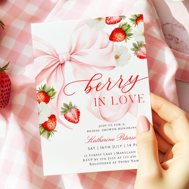 Faire-part de mariage thème fraise avec nœud rose (Créateur téléchargé)