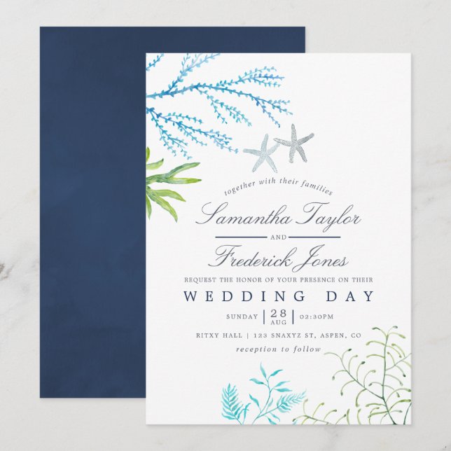 Faire-part de mariage thème mer en aquarelle avec  (Devant / Derrière)