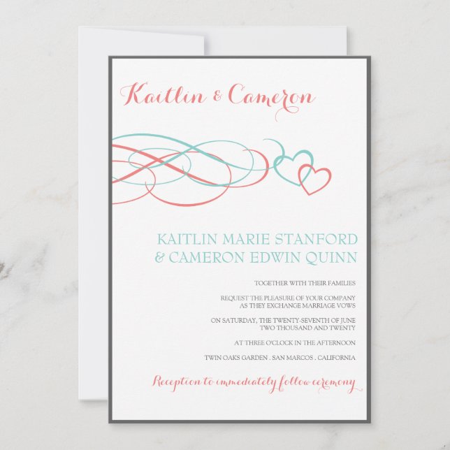 Faire-part de mariage (Tiffany, corail et gris) bi (Devant)