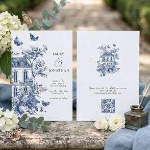 Faire-part de mariage Toile De Jouy Bleue QR