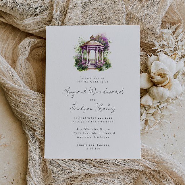 Faire-part de mariage tonnelle à fleurs violettes  (An ideal choice for an outdoor spring or summer wedding.)