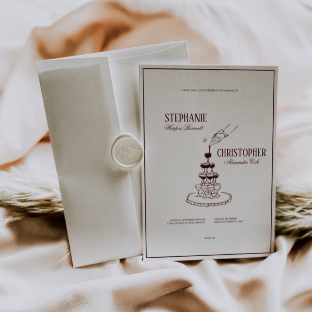 Faire-part de mariage Tour de Champagne Bourgogne  (burgundy modern retro wedding invitation, hand drawn champagne tower, deep red wedding invite )