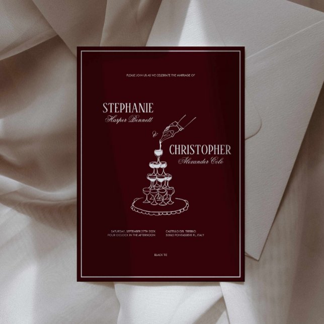 Faire-part de mariage Tour de Champagne Bourgogne  (deep red cherry vintage old money wedding invitation, burgundy illustrated wedding invite card )
