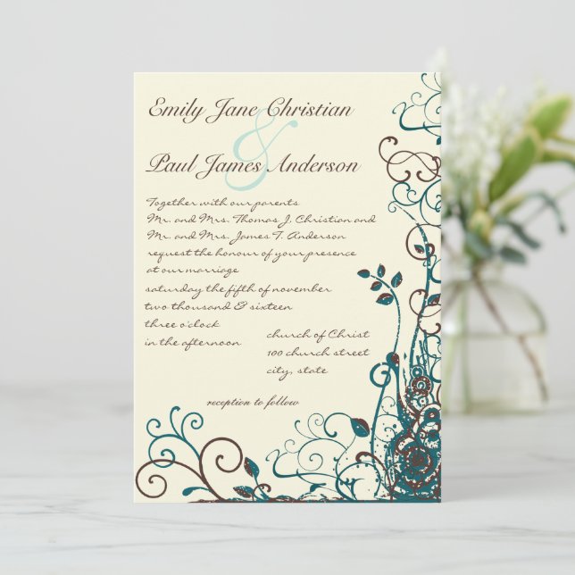 Faire-part de mariage tourbillon Turquoise et Brow (Debout devant)