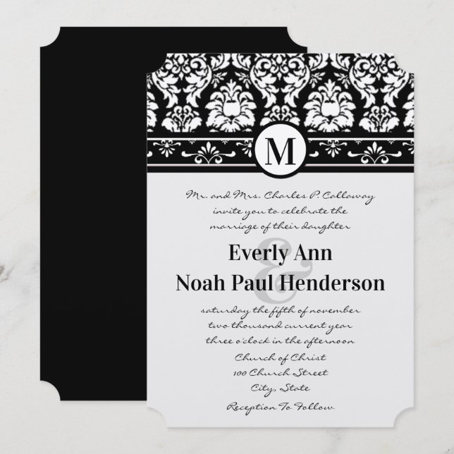 Faire-part de mariage Tourbillons de Damas noir et (Devant / Derrière)