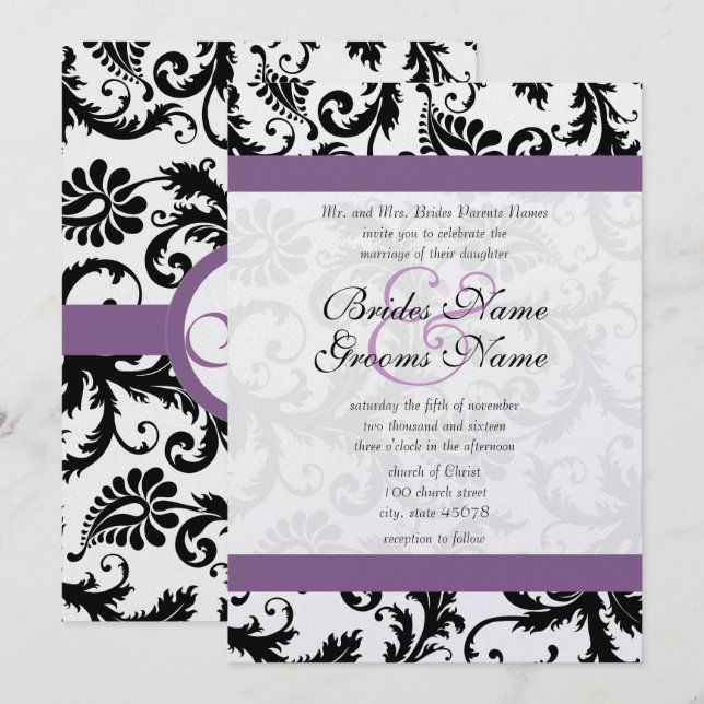 Faire-part de mariage Tourbillons de Damas noir Ga (Devant / Derrière)