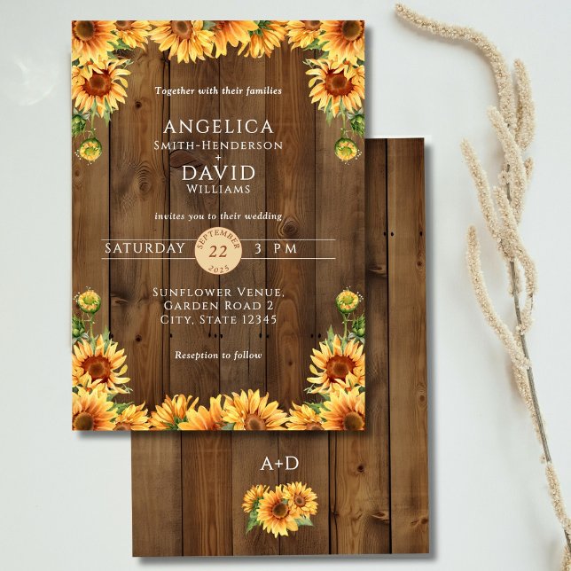 Faire-part de mariage tournesol en bois rustique (Créateur téléchargé)