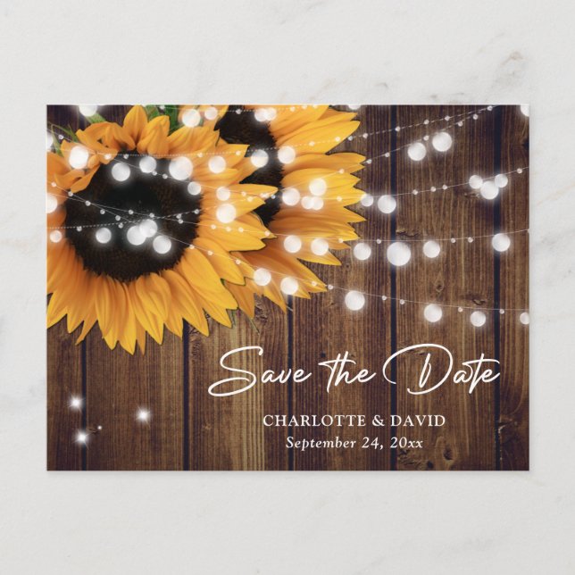 Faire-Part de Mariage Tournesol en Bois Rustique (Devant)