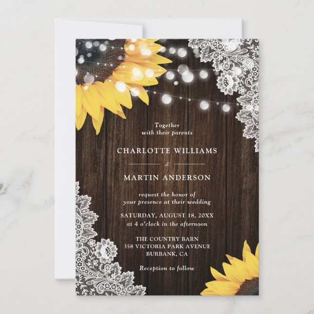 Faire-part de mariage Tournesol en Bois Rustique e (Devant)
