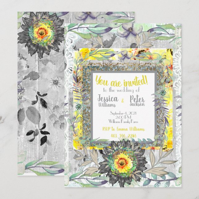 Faire-part de mariage tournesol gris jaune rustiqu (Devant / Derrière)