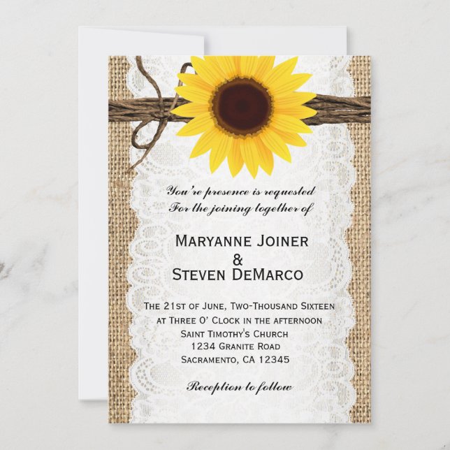 Faire-part de mariage tournesol toile chanvre rust (Devant)