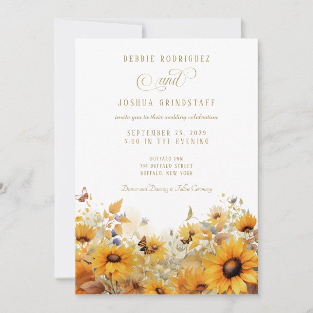 Faire-part de mariage Tournesols avec Papillons  (Devant)