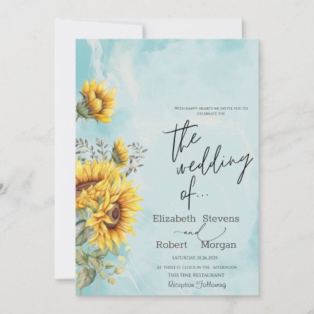 Faire-Part de Mariage Tournesols Rustiques Bleu (Devant)