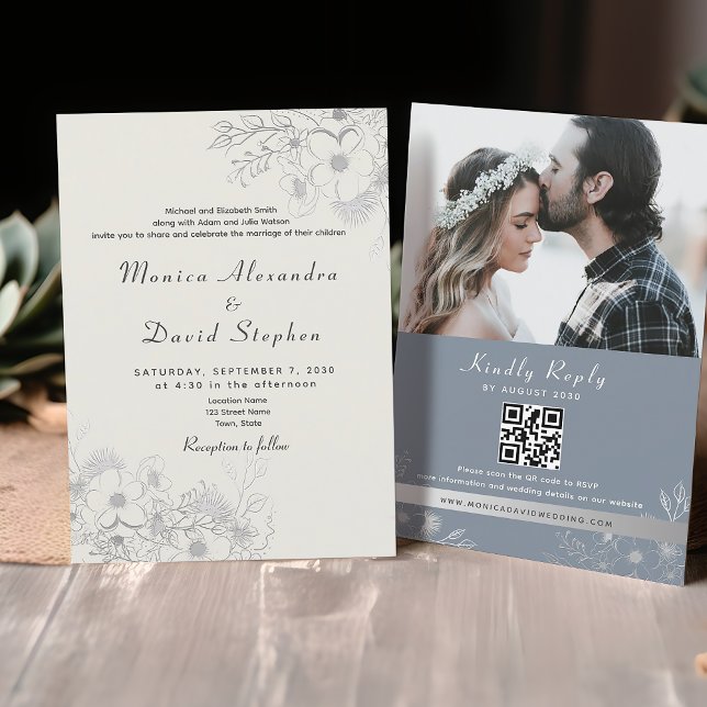 Faire-part de mariage tout-en-un à code QR floral  (Créateur téléchargé)